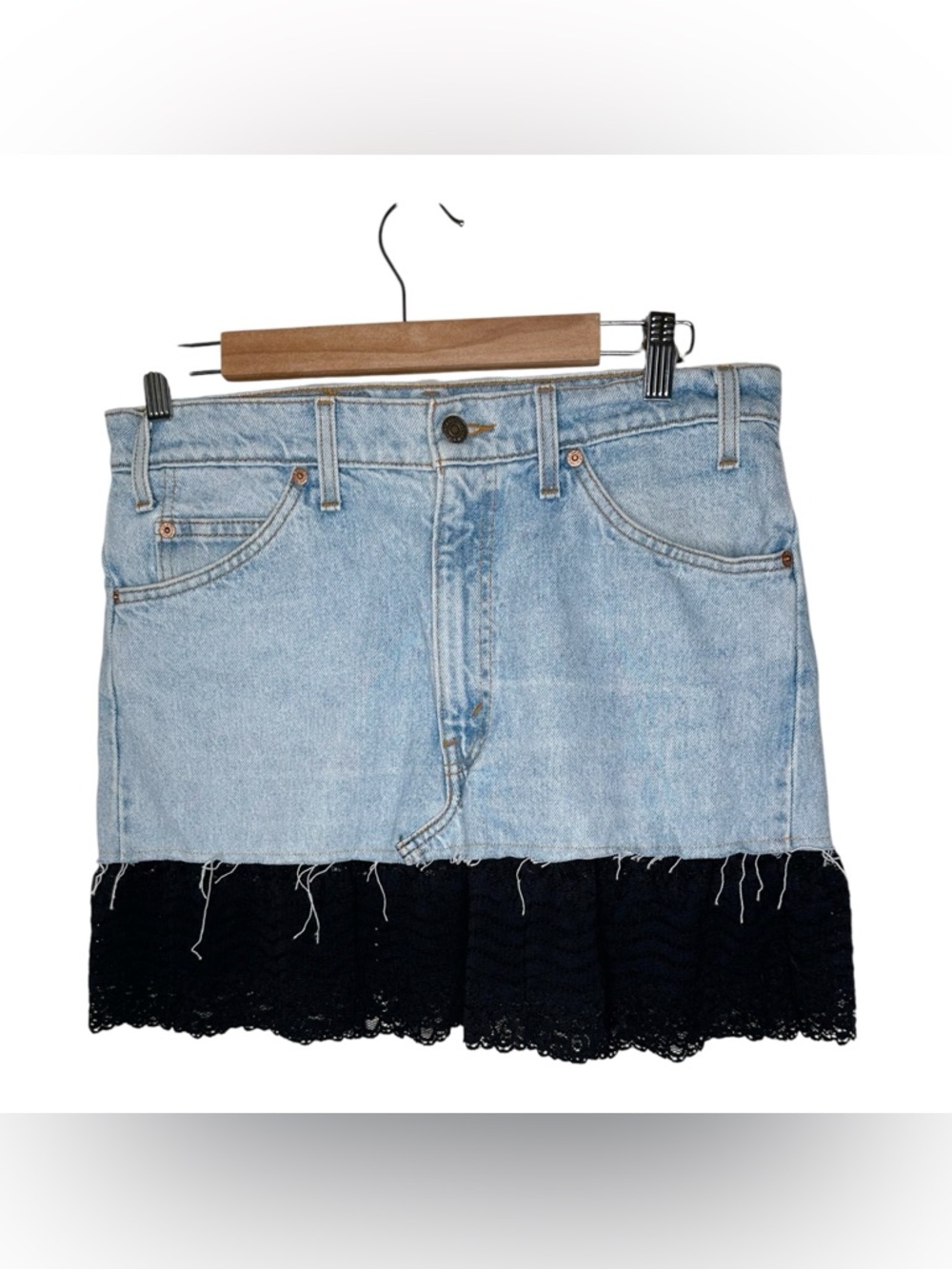 Upcycled Levi’s Orange Tab 505 Denim Skirt Black Lace Trim 33 Waist Light Wash